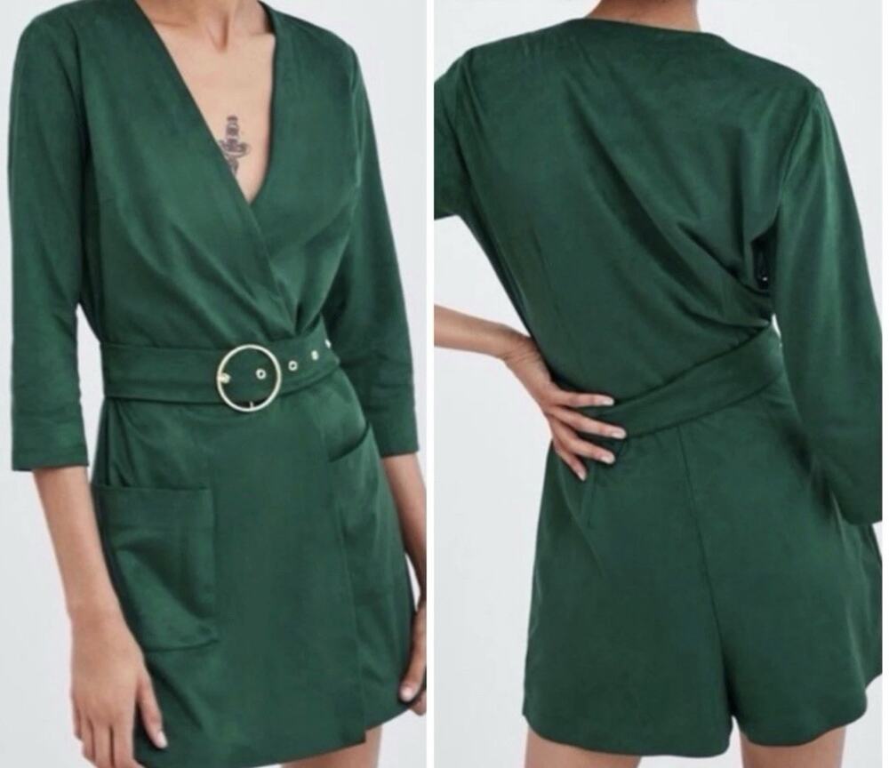 Zara Faux Suede Belted Romper Women Forest Fairy Emerald Green Size XS